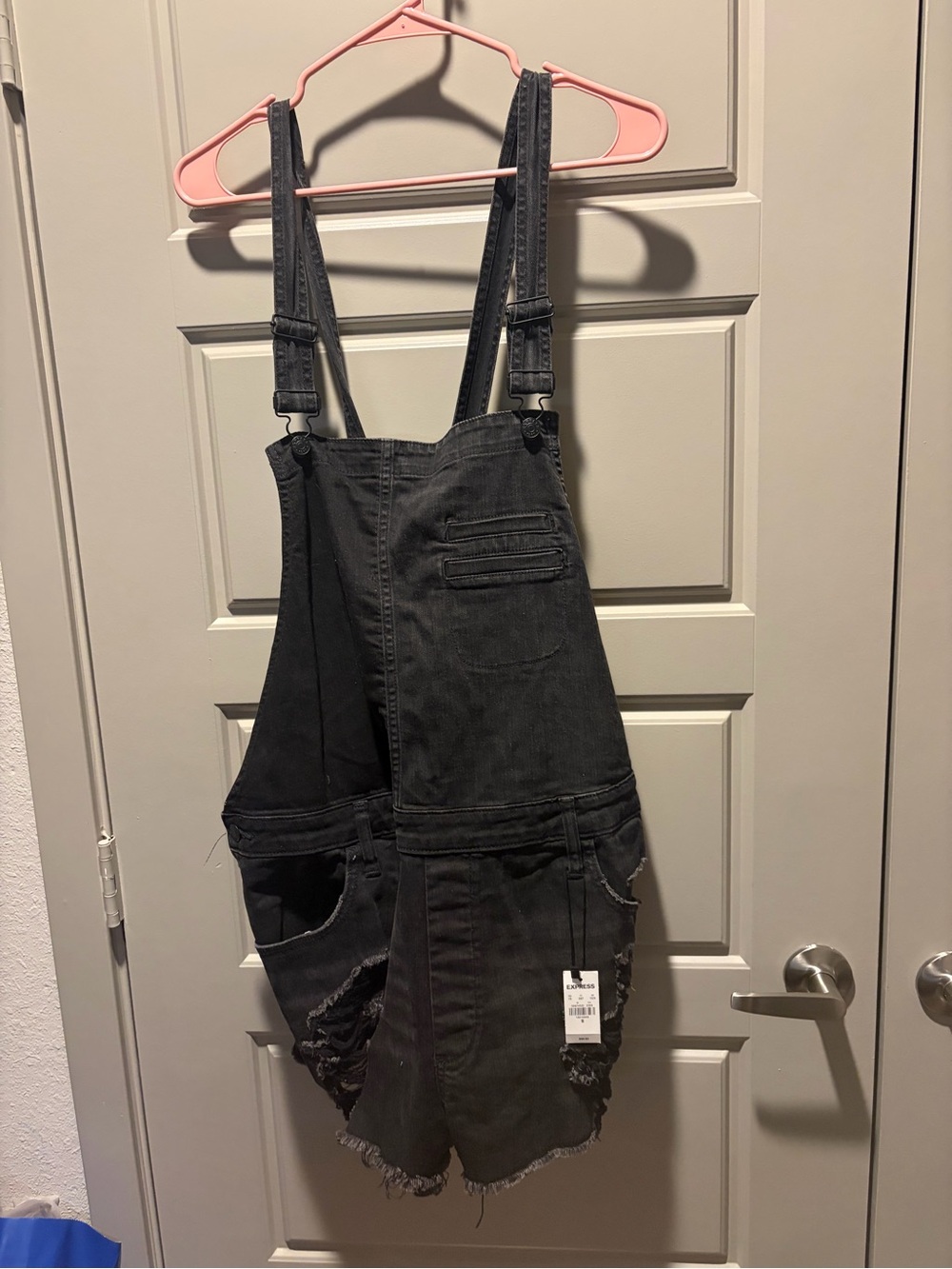 Express Black Distressed Denim Short Overalls Romper